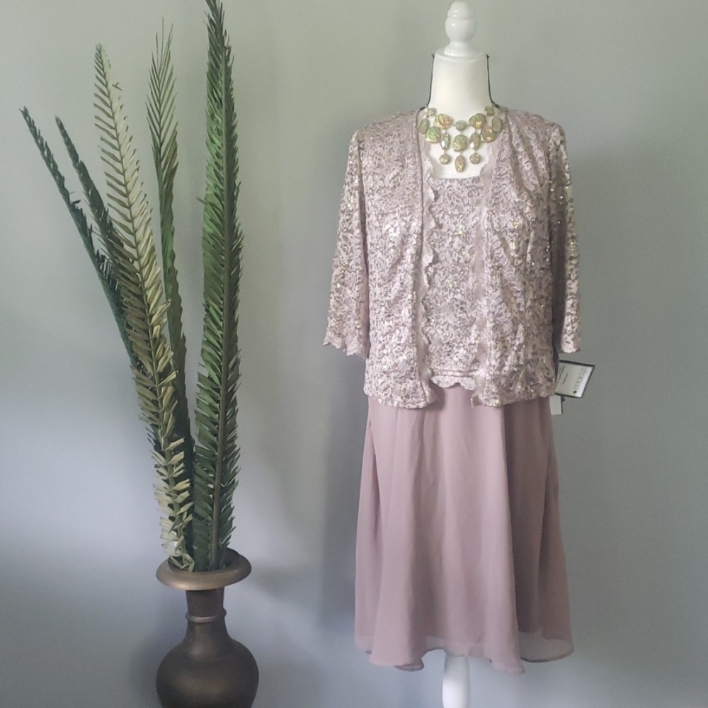 R&M Richards 2 pc champagne lace and sequin dress and jacket NWT
